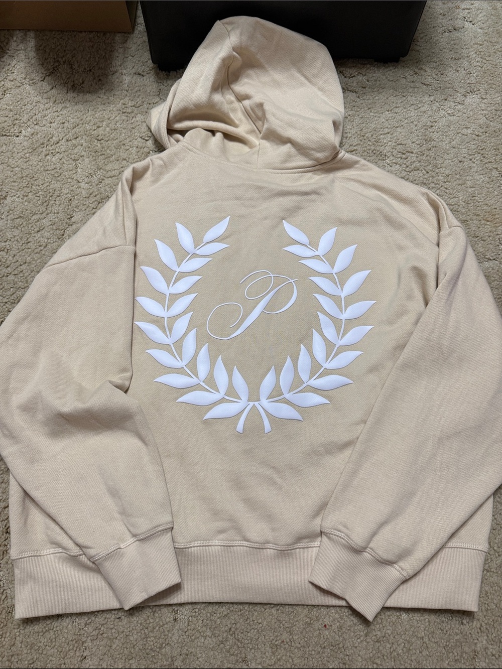VS PINK Beige Hoodie with White Laurel Wreath and Script P